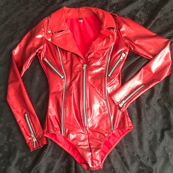 LA Roxx Red Metallic Rocker Pleather Playsuit - Picture 1 of 5